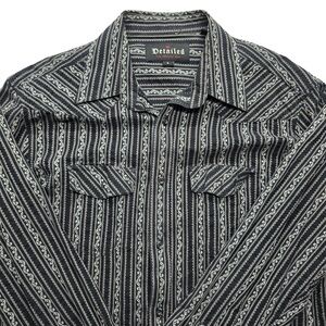 Detailed Western Jacquard Button Up Shirt Black Gray Long Sleeve Men’s L